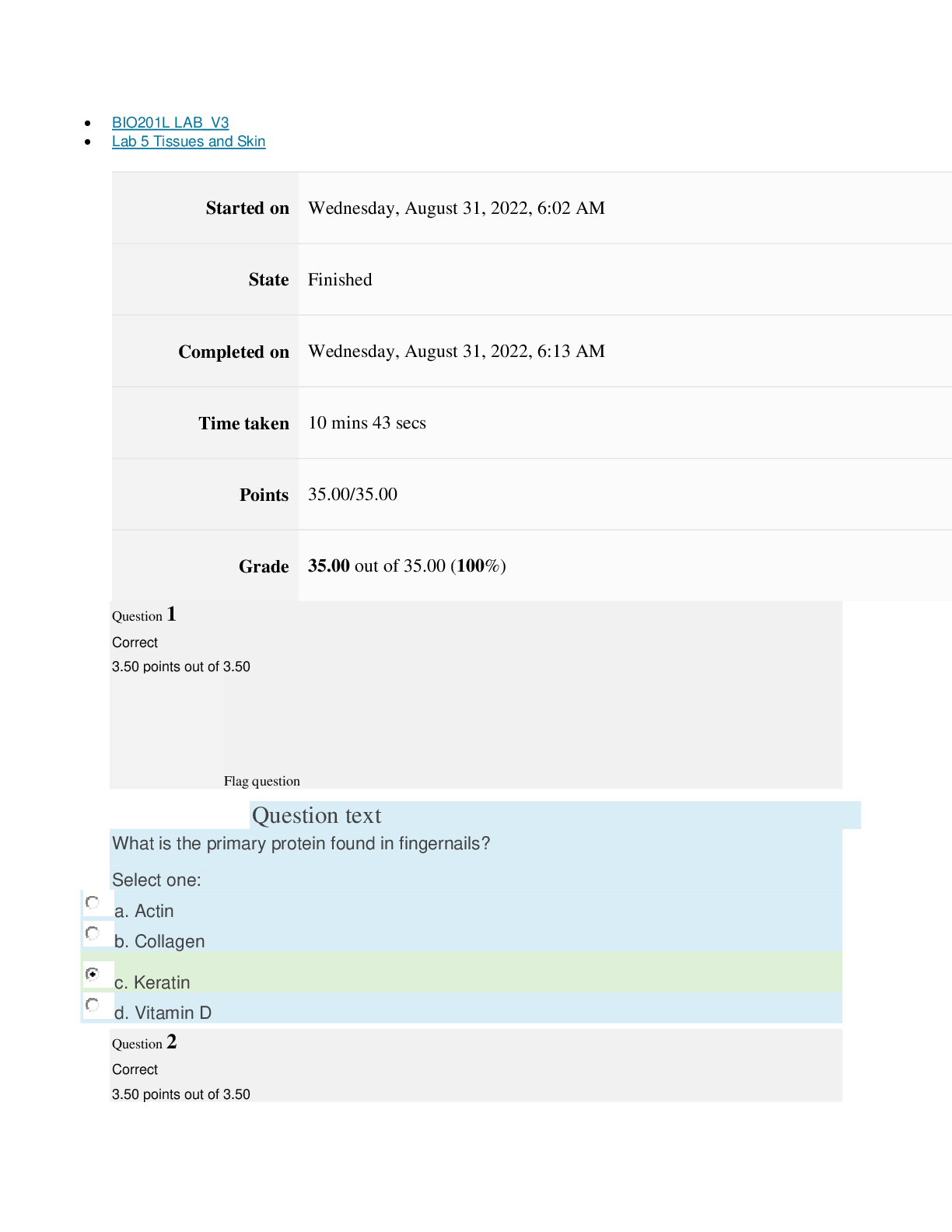 Preview image for BIO201 LAB 5 TISSUES AND SKIN[ ALL ANSWERS 100% CORRECT]